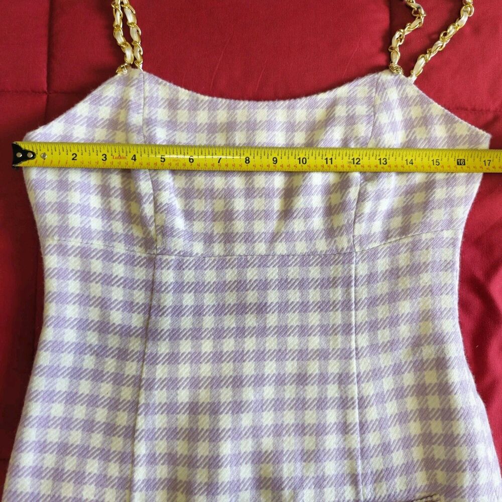 GUESS Caroline Tweed Mini Dress Purple Gingham Chain Strap Size 6 Chic - Picture 9 of 16